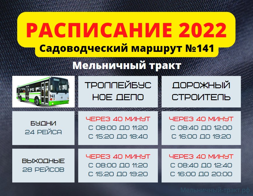 Расписание садоводческого маршрута №141 Троллейбусное депо Дорожный Строитель на 2022 год